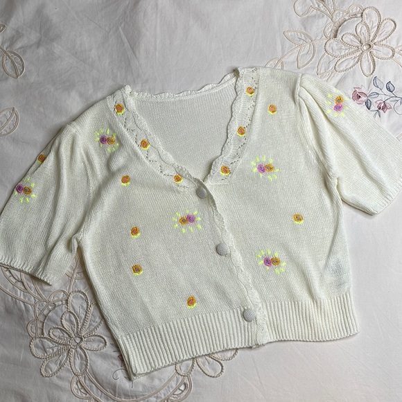 Jupe Vendue neon yellow crochet vintage crop cardigan sweater y2k - Picture 2 of 6